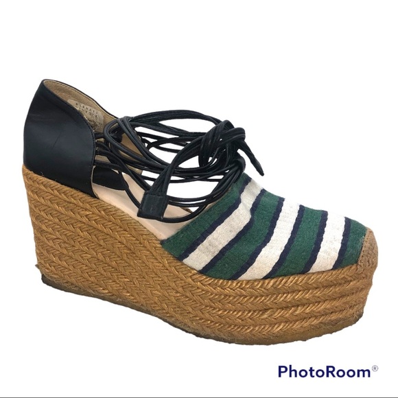 Chloe Striped Canvas & Leather Espadrille Wedges - Picture 2 of 6
